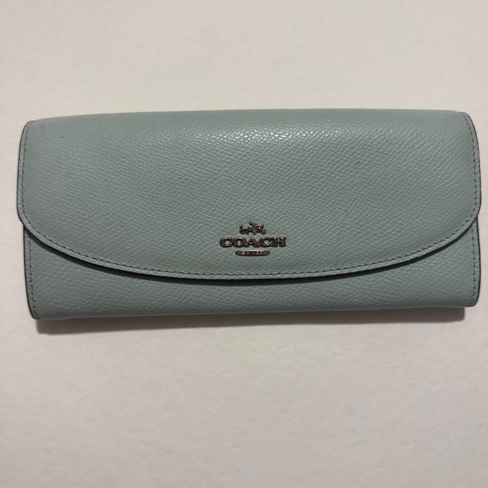 Coach Slim Envelope Wallet Light Blue Crossgrain Leather Signature Canvas Trim